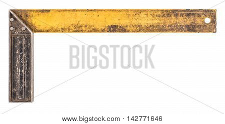 Old setsquare isolated on white background. Hand tool top view.