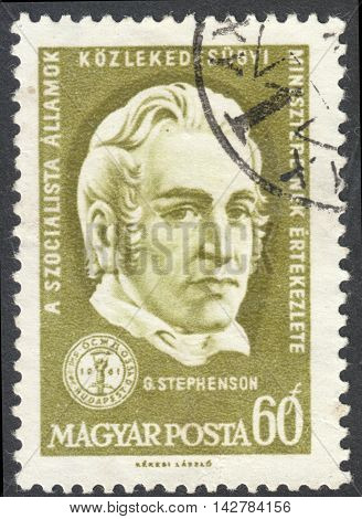MOSCOW RUSSIA - CIRCA JUNE 2016: a post stamp printed in HUNGARY shows a portrait of George Stephenson the series 