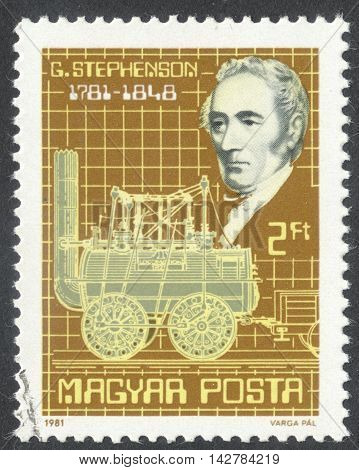 MOSCOW RUSSIA - CIRCA JUNE 2016: a post stamp printed in HUNGARY dedicated to the 200th Anniversary of the Birth of George Stephenson circa 1981