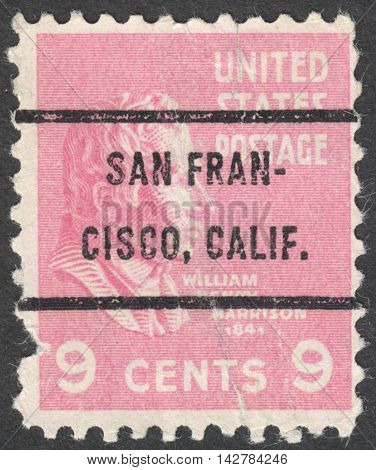 MOSCOW RUSSIA - CIRCA JUNE 2016: a post stamp printed in the USA shows a portrait of the President Wiliam Henry Harrison the series 