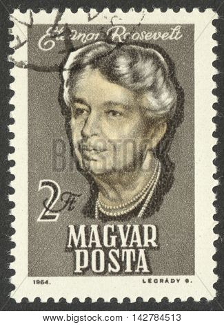 MOSCOW RUSSIA - CIRCA JUNE 2016: a post stamp printed in HUNGARY shows a portrait of Eleanor Roosevelt circa 1964