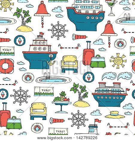 Vector seamless pattern with hand drawn colored symbols of travel and tourism. Pattern on the theme of sea cruise. Background for use in design packing web site fabric