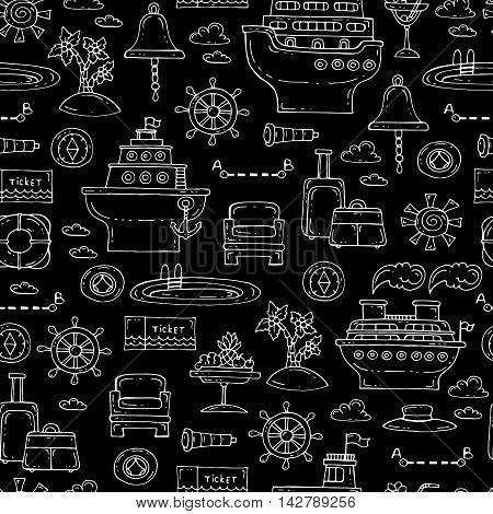 Vector seamless pattern with hand drawn symbols of travel and tourism on black color. Pattern on the theme of sea cruise. Background for use in design packing web site fabric