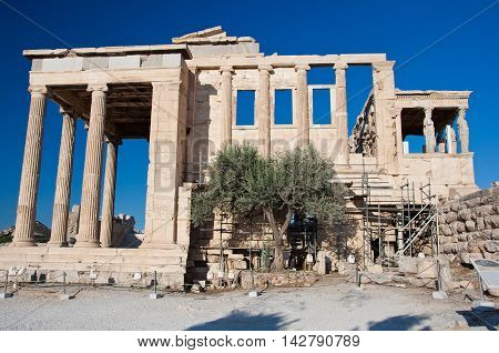 The Erechtheion on Acropolis of Athens in Greece.