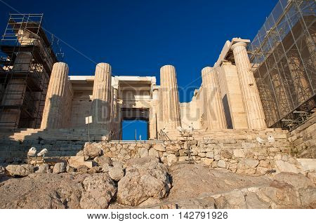 The Propylaea On The Tot Of The Acropolis Of Athens Greece.