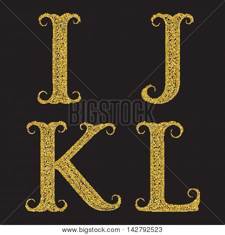 I J K L golden glittering letters. Vintage font with gold halftone effect.