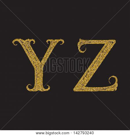 Y Z golden glittering letters. Vintage font with gold halftone effect.