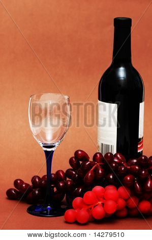 Kieliszek do wina, winogron i butelka na tle Biege'a