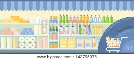 Toilet paper wipes and cleaning supplies on showcase in a supermarket