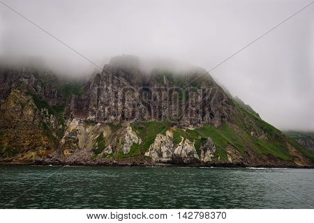 Green rocky cliffs form the coastline of the Avacha Bay, Kamchatka, Russia