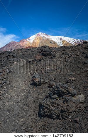 Rocky path leading us to the top of Tolbachik Volcano, Kamchatka, Russia