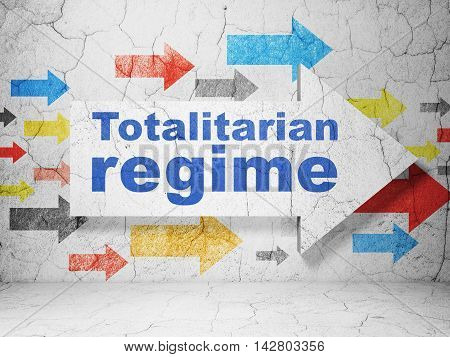 Politics concept:  arrow with Totalitarian Regime on grunge textured concrete wall background, 3D rendering