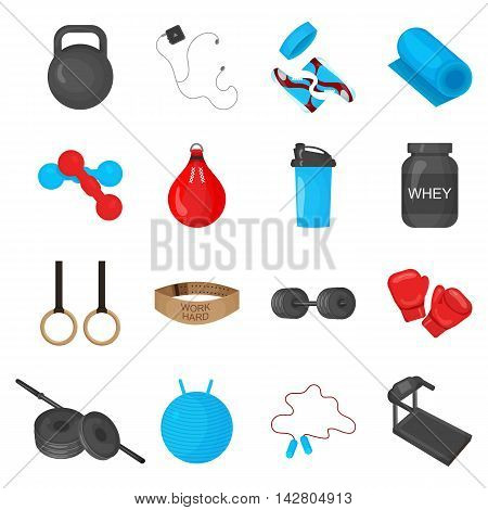 Flat trendy color icons set with sport equipments elements for gym or fitness club flayers