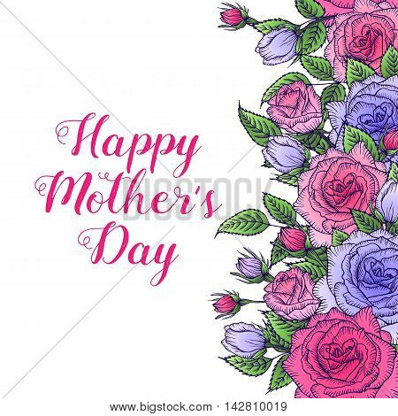 Flower greeting card. Floral frame. Bouquet of lilac and pink rose. Floral design for wedding card invitation mothers day birthday holiday