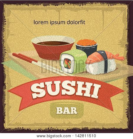 Vector vintage poster with emblem of sushi banners, traditional japan food. tamplate for cover or logo design. Illustrations with place for your text.