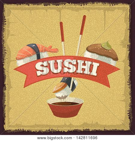 Vector vintage poster with sushi banners, traditional japan food. tamplate for cover or logo design. Illustrations with place for your text.