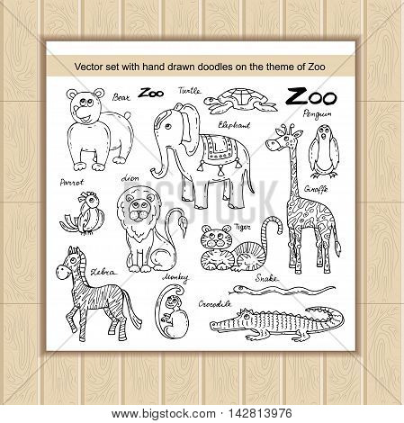 Vector set with hand drawn isolated doodles on the theme of zoo. Flat illustrations of animals. Sketches for use in design web site packing textile fabric