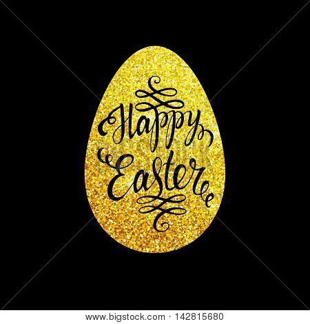 Easter lettering in gold egg on black background. Easter card. Happy easter text. Easter sunday. Gold easter egg. Easter holiday for invitation and card. Vector illustration.