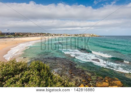 Bondi Beach in Sydney Australia. Bondi Beach is located 7 km (4 mi) east of the Sydney central business district in the Eastern Suburbs.
