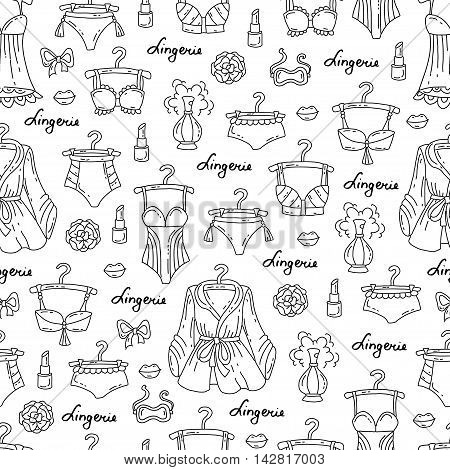 Vector seamless pattern with hand drawn lingerie for women on white color. Pattern on the theme of fashion. Background for use in design packing web site fabric