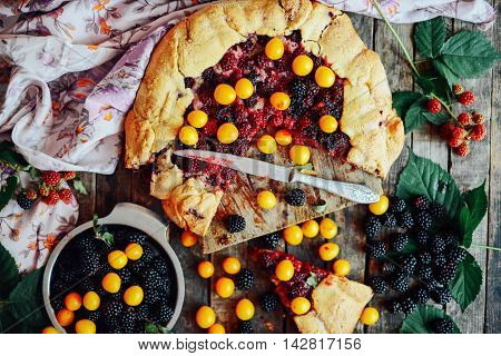 Freshly Baked Berry Pie. Blackberries Pie With A Slice Missing.