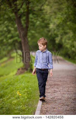 Cute little kid boy walking on the raod in the summer park. Summer forest background. School boy outdoors.