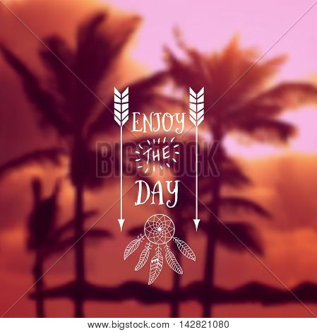 Travel summer design. Ocean beach with palms backdrop. Vector editable blurred banner. Typography label Lettering. Typography quote