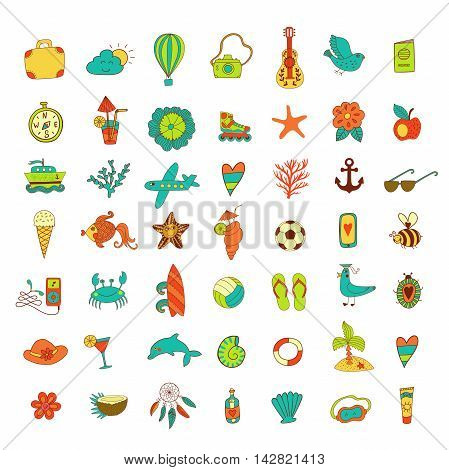 Summer set icons, summer beach hand drawn vector elements and objects, travel vacation doodle objects