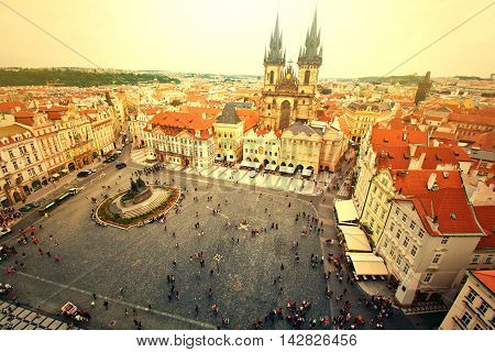Monuments of Prague. Old Town with Tyn Church and Jan Hus Memorial on square.