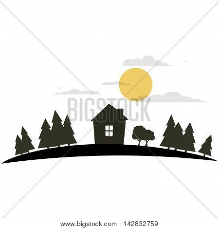 House in the forest with sun and clouds