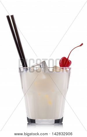 White russian cocktail in old fashioned glass isolated on white background.