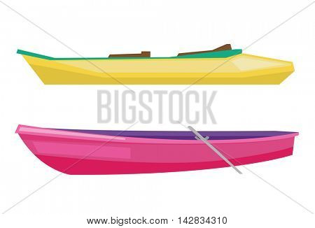 Rowing boat with paddles and canoe vector flat design illustration isolated on white background.