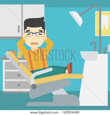 An asian young frightened patient at dentist office. Scared young man in dental clinic. Afraid man sitting in dental chair. Vector flat design illustration. Square layout.