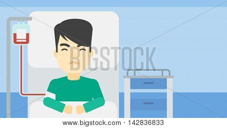 An asian man lying in bed at hospital ward with equipment for blood transfusion. Man during medical procedure with drop counter at medical room. Vector flat design illustration. Horizontal layout.