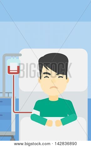 An asian man lying in bed at hospital ward with equipment for blood transfusion. Man during medical procedure with drop counter at medical room. Vector flat design illustration. Vertical layout.