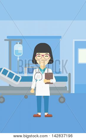 An asian friendly doctor holding a file in hospital ward . Smiling female doctor with stetoscope carrying folder of patient or medical information. Vector flat design illustration. Vertical layout.
