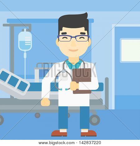 An asian friendly doctor holding a file in hospital ward . Smiling doctor with stetoscope carrying folder of patient or medical information. Vector flat design illustration. Vertical layout.