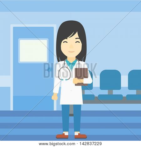 An asian friendly doctor holding a file in hospital corridor. Smiling female doctor with stetoscope carrying folder of patient or medical information. Vector flat design illustration. Square layout.