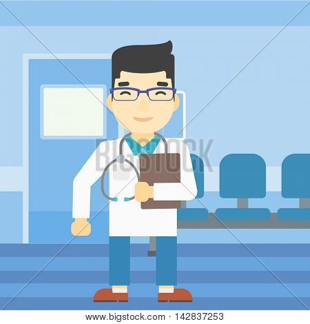 An asian friendly doctor holding a file in hospital corridor. Smiling doctor with stetoscope carrying folder of patient or medical information. Vector flat design illustration. Square layout.