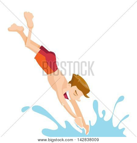 Flat picture of boy wich play and jumps in water in the pool. Vector illustrations isolate on white background