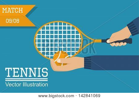 Tennis player holding a racket and ball preparing to make an impact. Man playing a sports game. The poster invitation for the match.