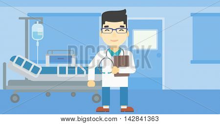 An asian friendly doctor holding a file in hospital ward . Smiling doctor with stetoscope carrying folder of patient or medical information. Vector flat design illustration. Horizontal layout.