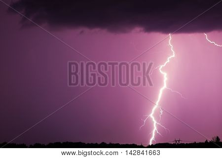 Huge Fork Lightnings And Thunder During Heavy Summer Storm.