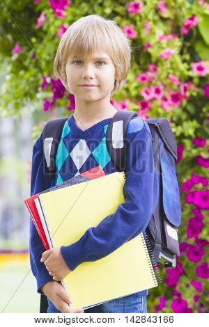 Happy schoolboy feeling very excited about going back to school. Education school concept