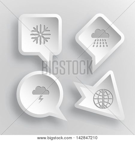 4 images: snowflake, rain, thunderstorm, globe. Weather set. Paper stickers. Vector illustration icons.