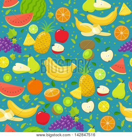 Seamless pattern of colorful cartoon fruits. Vector stock illustration.