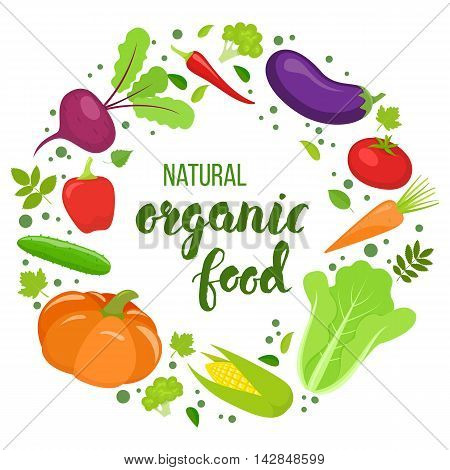 Round frame with colorful vegetables. Template for packaging cards posters menu. Handwritten lettering - organic food. Vector stock illustration.
