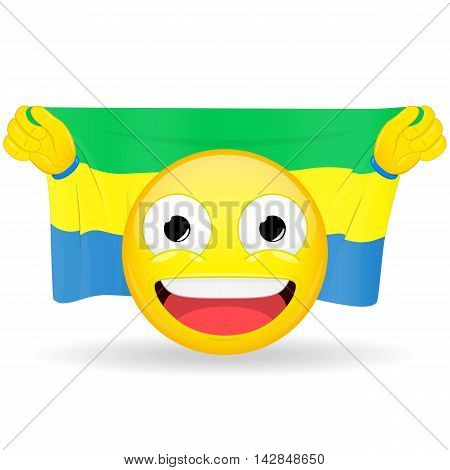 Emoji fan holds in hands flag behind his head. Gabonese flag. Fan cares for his country. Glory spectator bawl emotion. Exult emoticon. Buff of sports games smile illustration.
