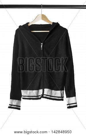 Black sport jacket on wooden clothes rack isolated over white