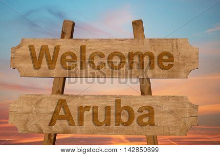 Welcome To  Aruba Sing On Wood Background